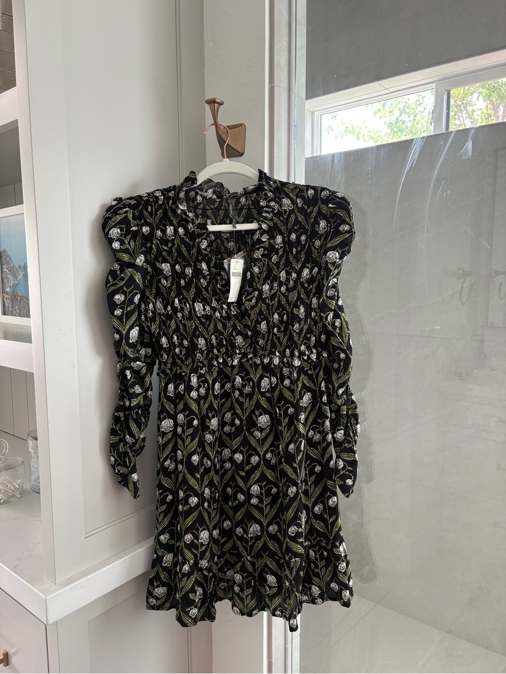 Anthropologie Long-Sleeve Printed Smocked Mini Dress